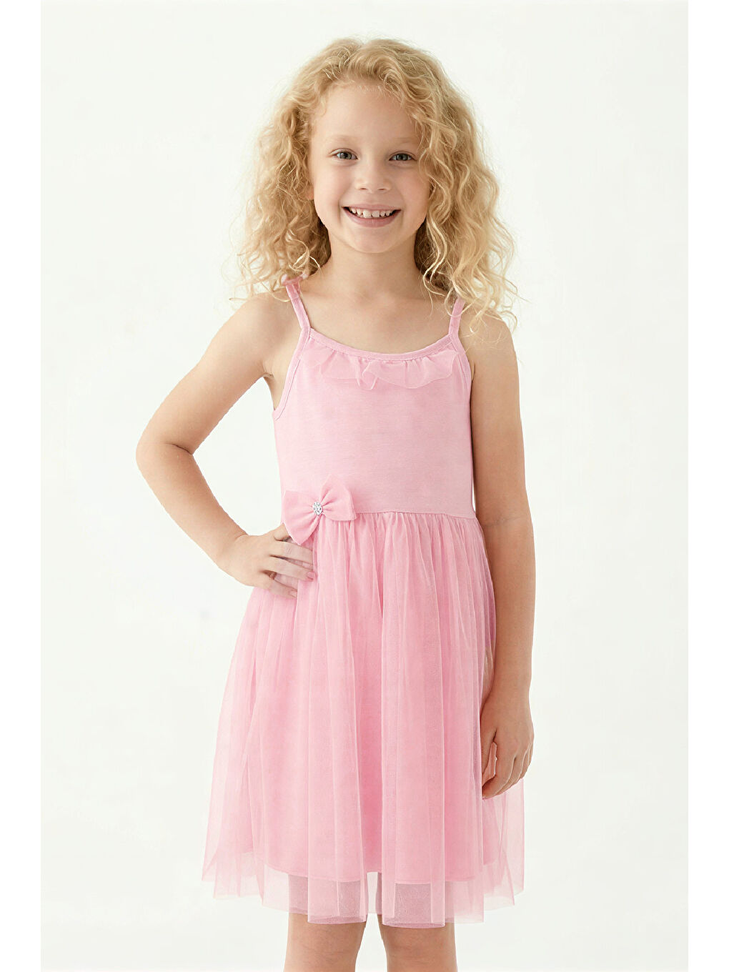 Pembe Kız Çocuk Elbise -Tüllü ve Süsleme Detaylı-Askılı Kollu- 4-8 Yaş 12536