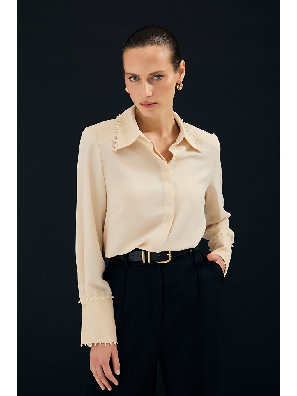 İşlemeli Gömlek - Bej-3