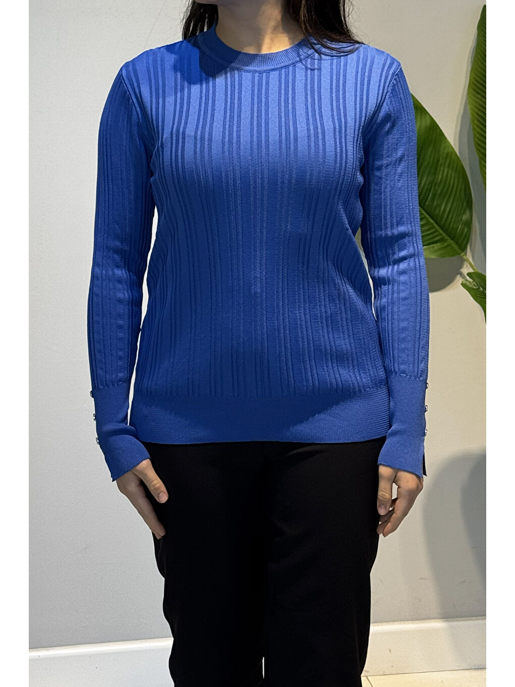 Mavi Kol Bilek Düğme Detaylı Triko Uzun Kol Kazak 34032 Saks-2