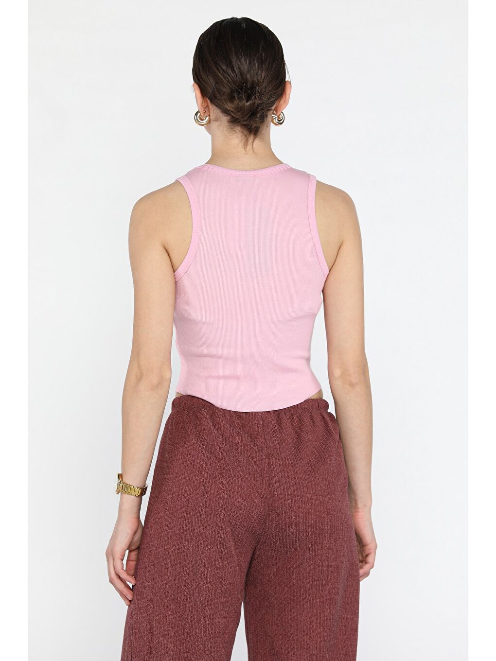 Pembe Kadın Bisiklet Yaka Parçalı Elastanlı Bluz-2