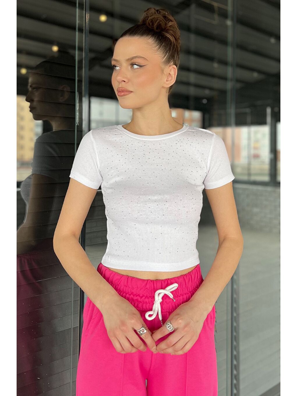 Beyaz Kadın Bisiklet Yaka Taşlı Kaşkorse Bluz-1