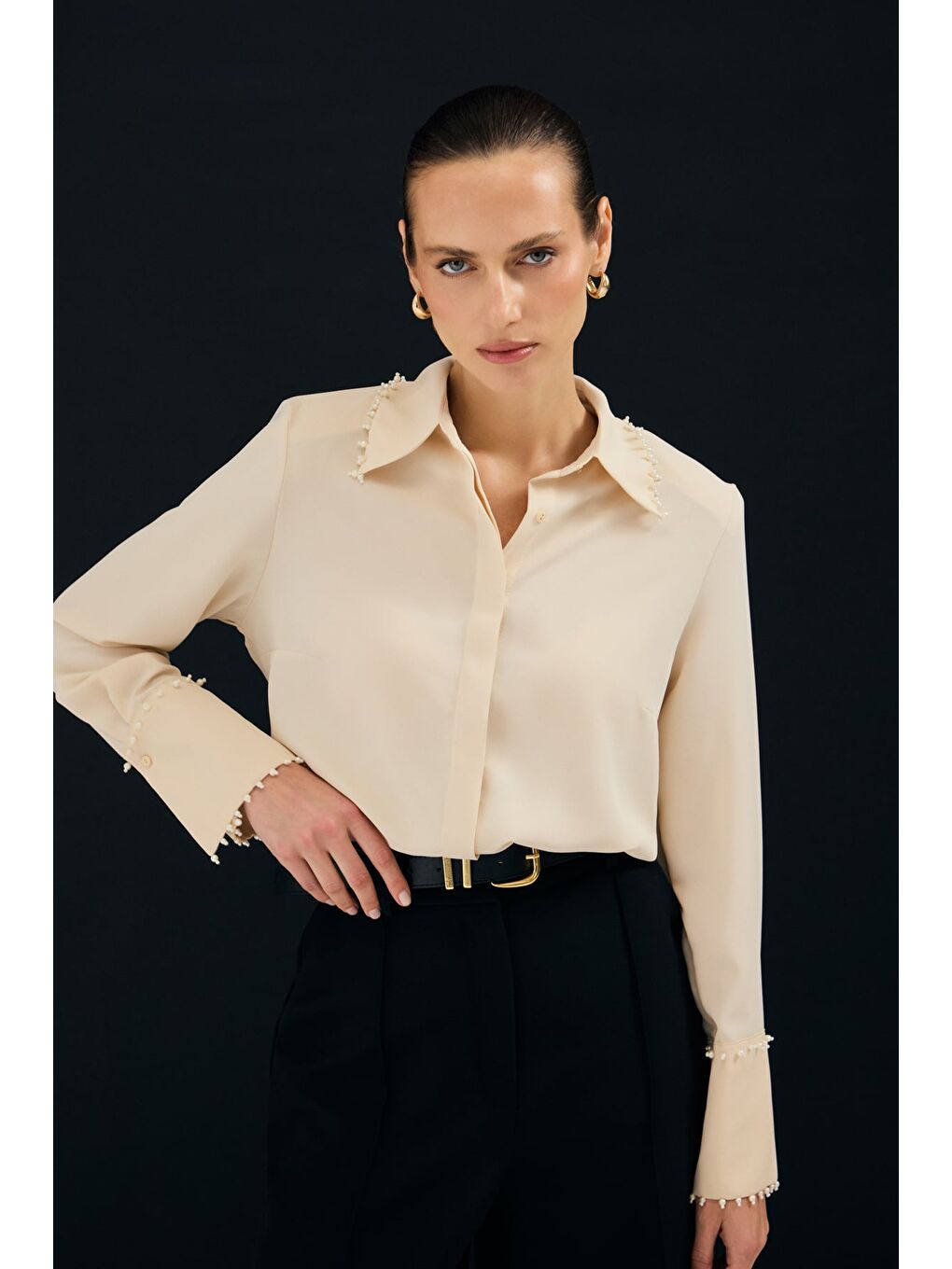 İşlemeli Gömlek - Bej-4