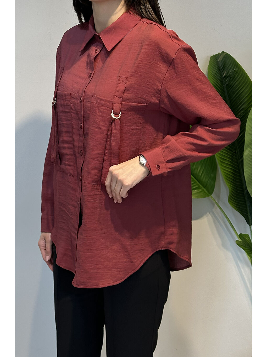 Önden İki Cepli Toka Detaylı Gömlek 191 Bordo-2