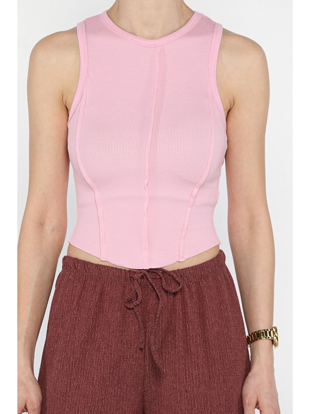 Pembe Kadın Bisiklet Yaka Parçalı Elastanlı Bluz-3