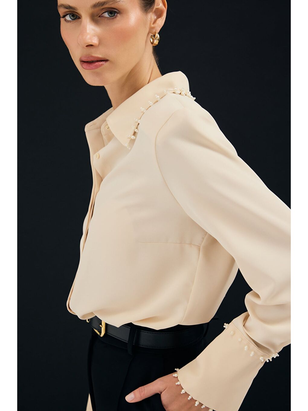 İşlemeli Gömlek - Bej-5