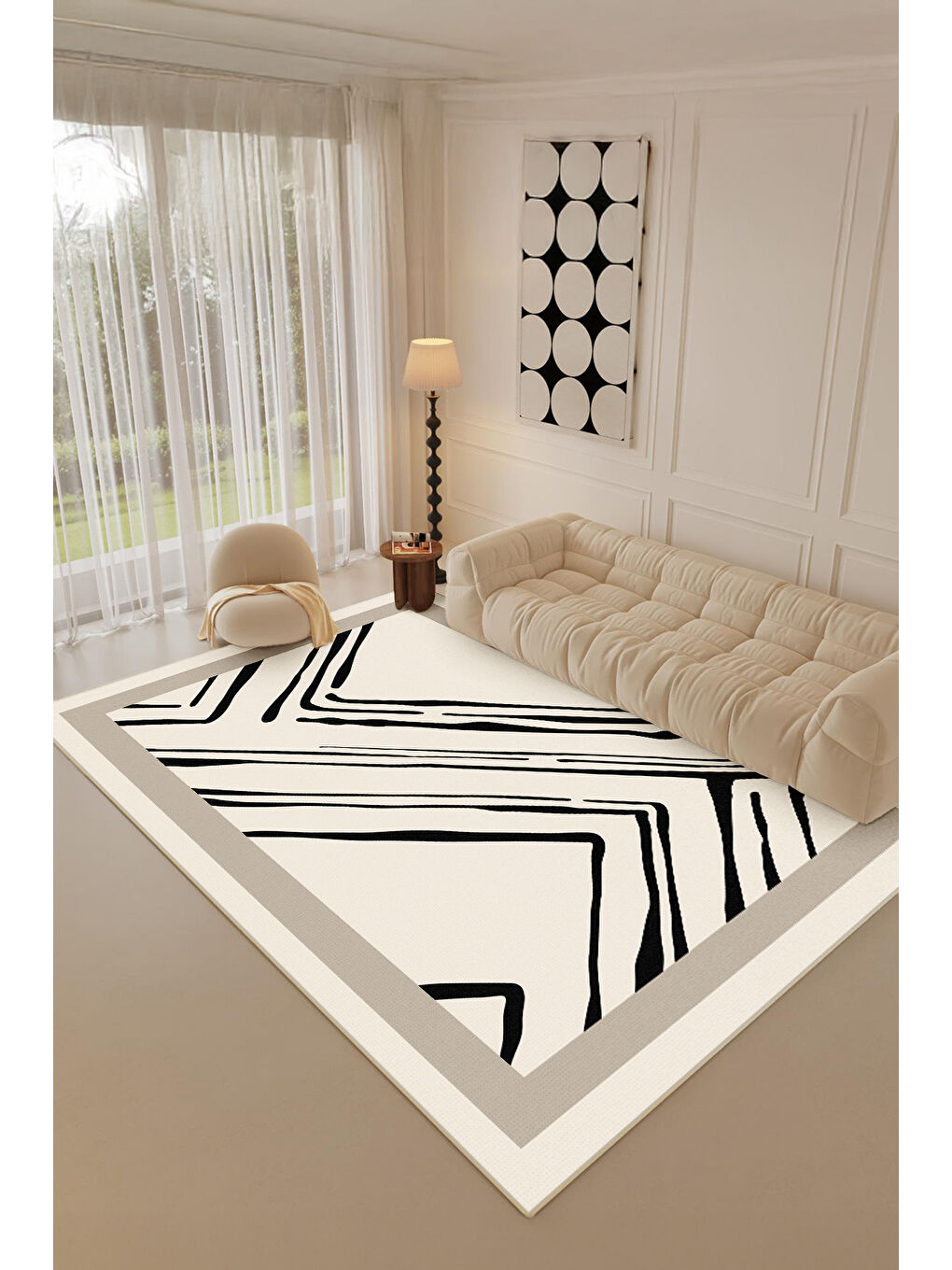Ekru Dekoratif Salon Halısı, Makinada Yıkanabilir, Kaymaz Taban, İnce & Modern Tasarım-4