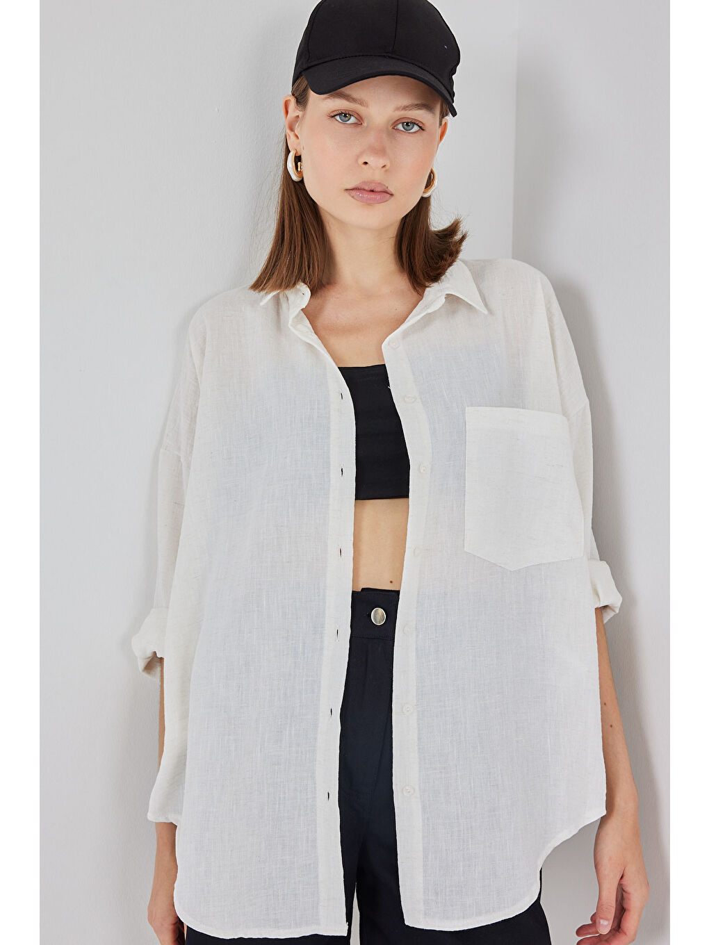 20153 Tek Cepli Oversize Keten Gömlek - Ekru