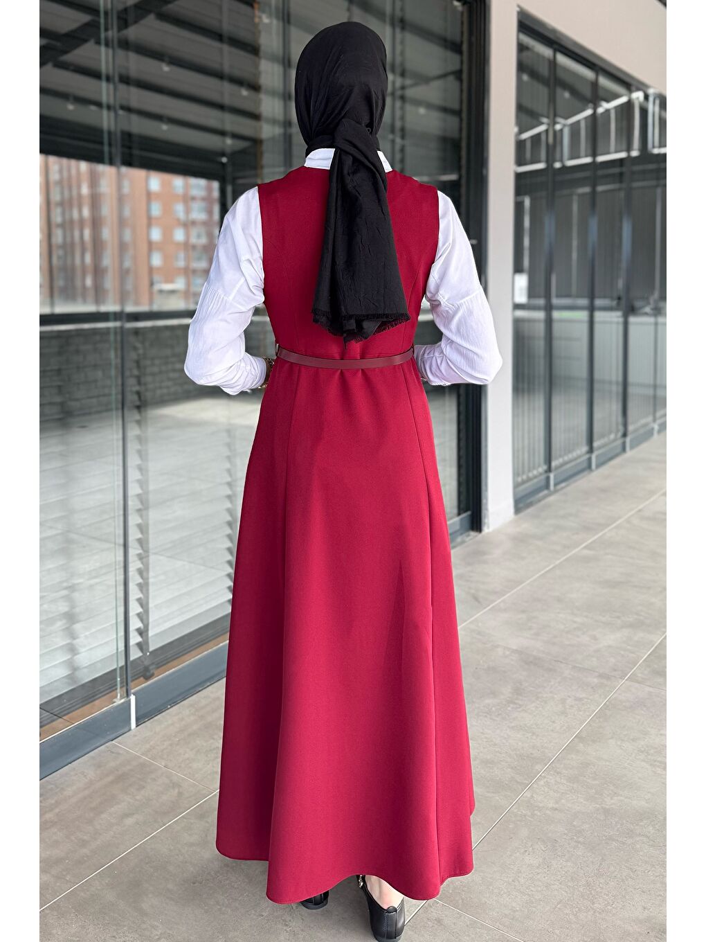 Bordo Kemerli Tesettür Jile Elbise-7