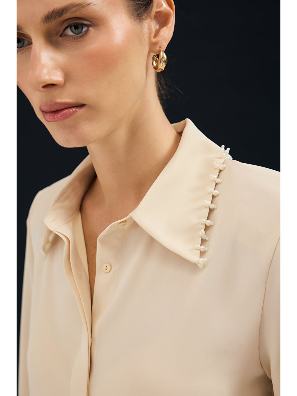 İşlemeli Gömlek - Bej-6