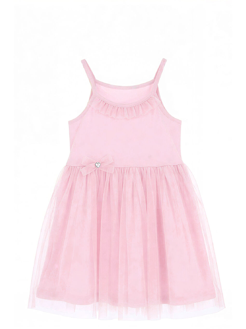Pembe Kız Çocuk Elbise -Tüllü ve Süsleme Detaylı-Askılı Kollu- 4-8 Yaş 12536-1