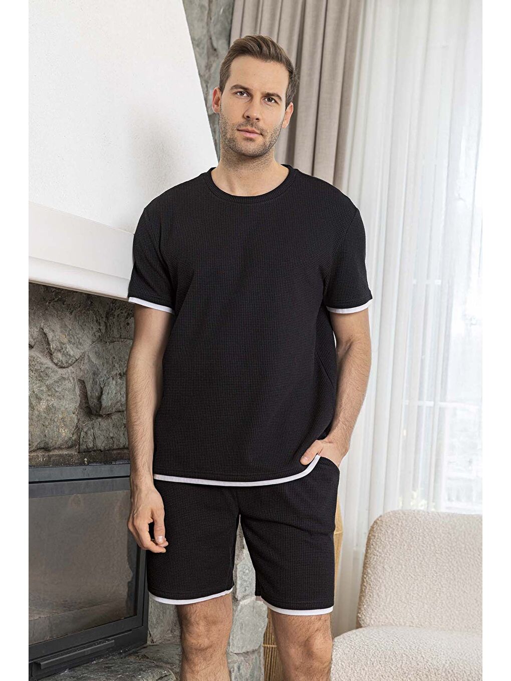 Erkek Kısa Kol Şort Biye Detay Waffle Kumaş Pijama Takımı 260106 Siyah