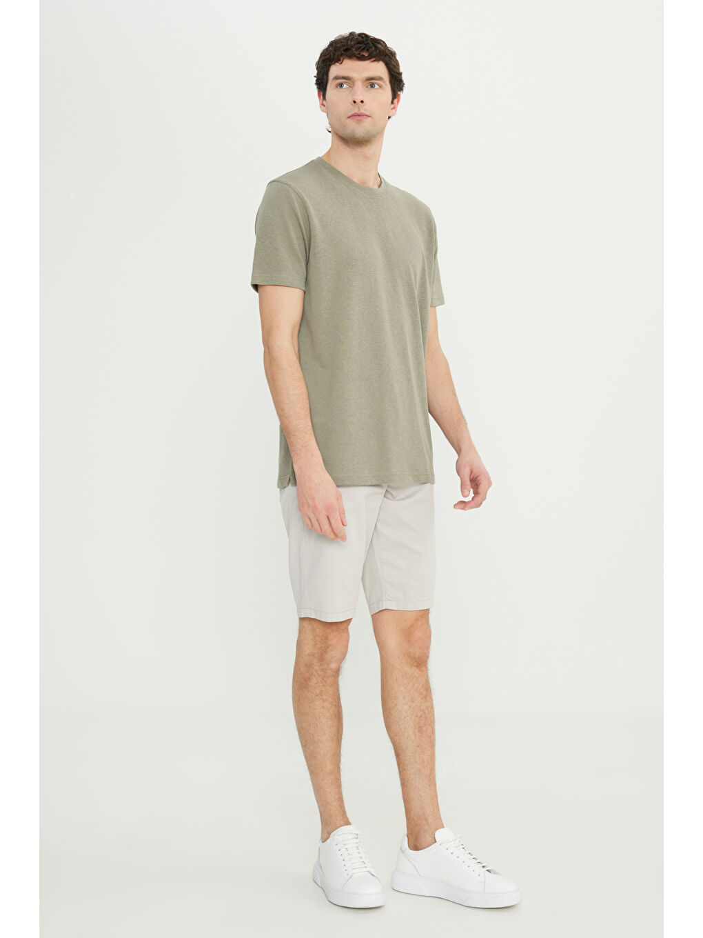 Erkek Haki Pamuklu Slim Fit Dar Kesim Bisiklet Yaka Tişört-1