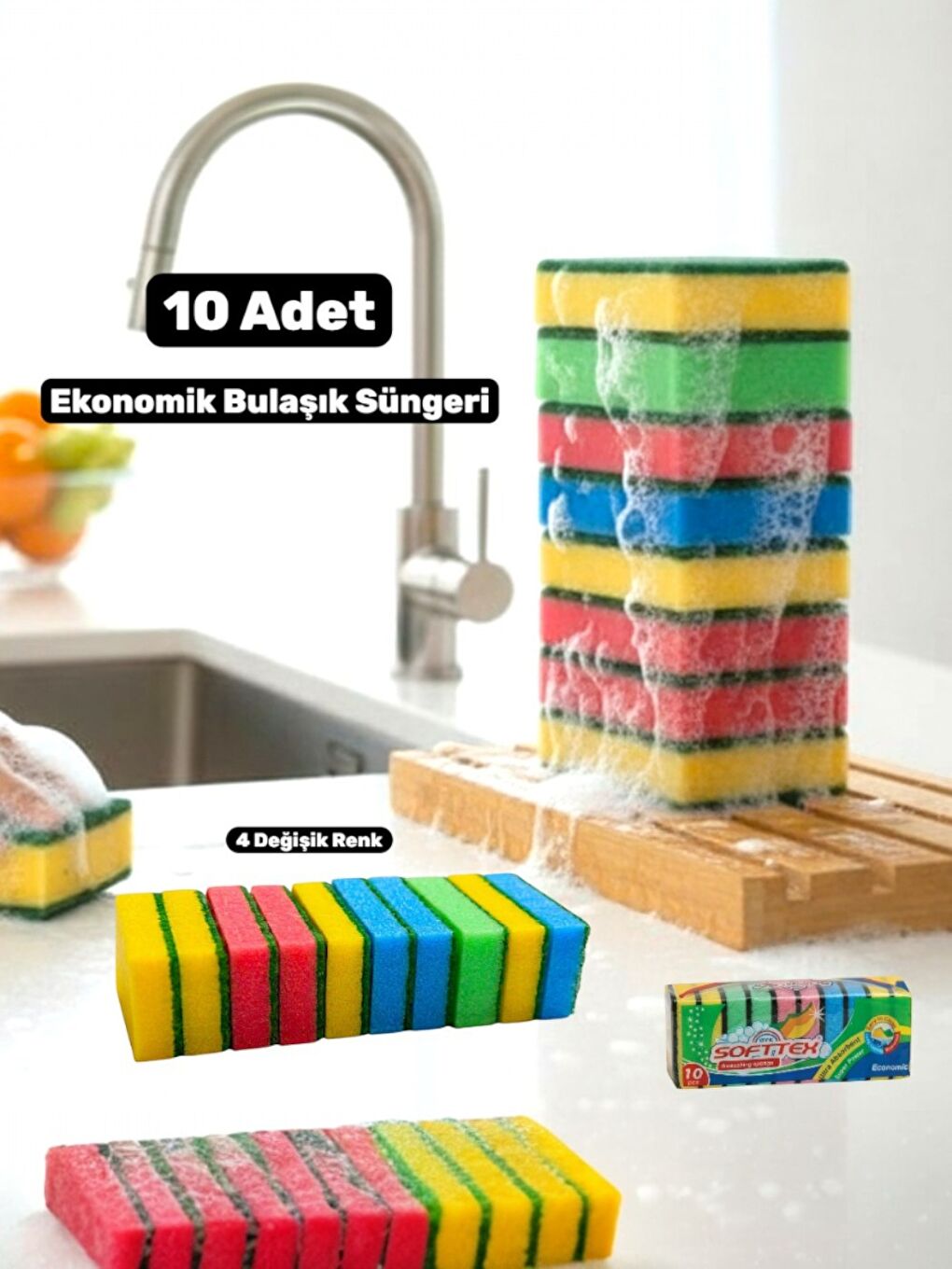 Karışık Klasik 9 X 6 Cm 4 Renkli Düz Bulaşık Süngeri 10 Adet-1