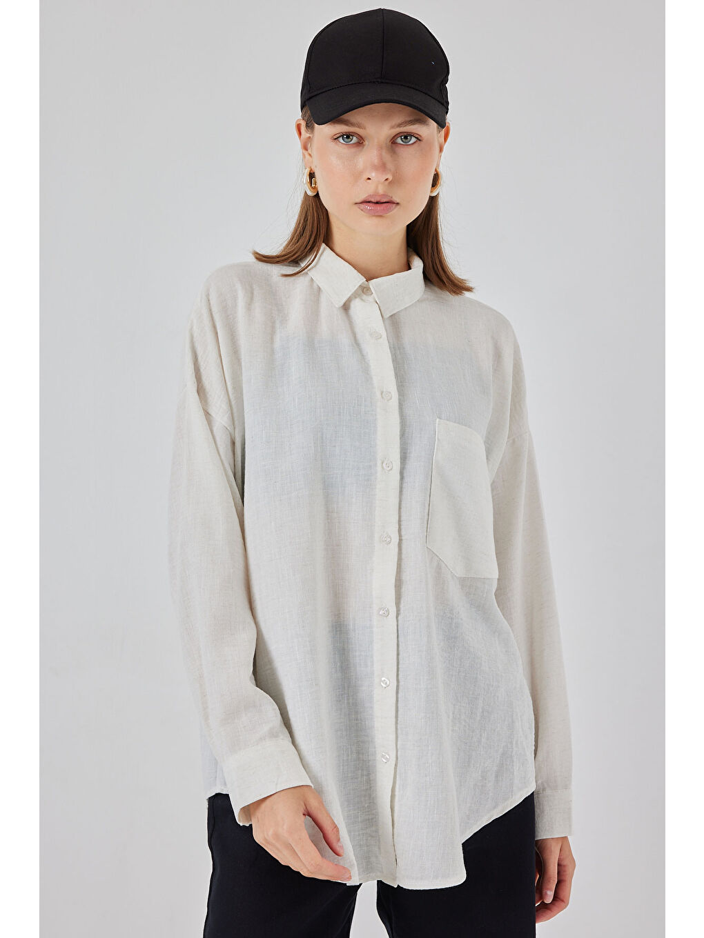 20153 Tek Cepli Oversize Keten Gömlek - Ekru-1
