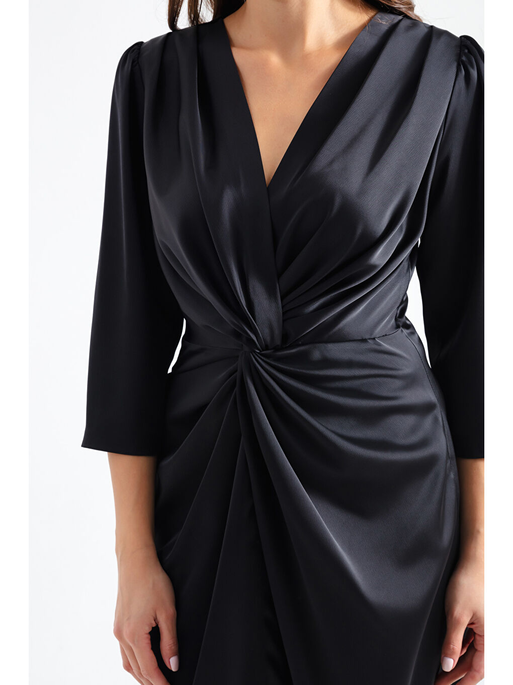 Kadın Siyah V Yaka Midi Abiye Elbise-3