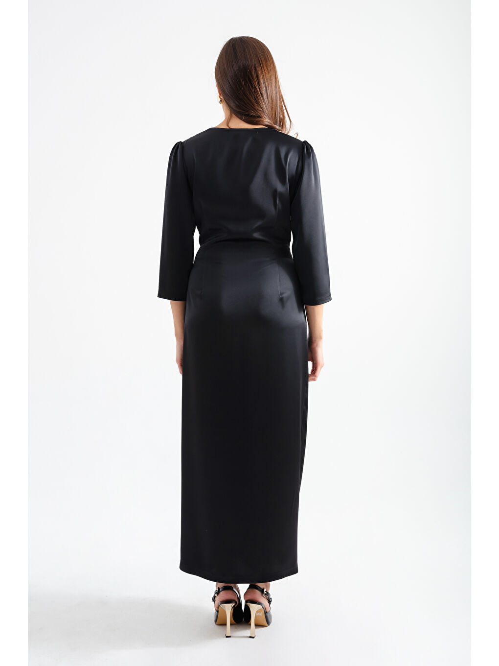 Kadın Siyah V Yaka Midi Abiye Elbise-4