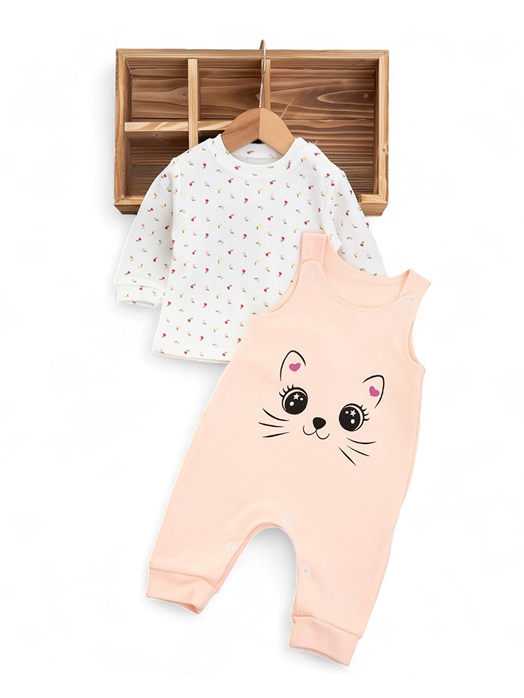 Pembe Kız Bebek Fitilli Kedi Baskılı Tulum-1