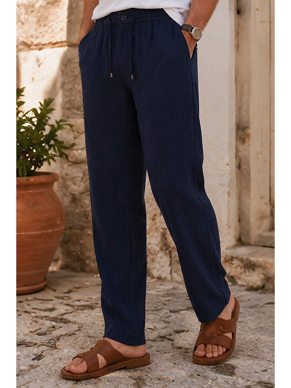 Erkek Lacivert Regular Fit Müslin Pantolon-1