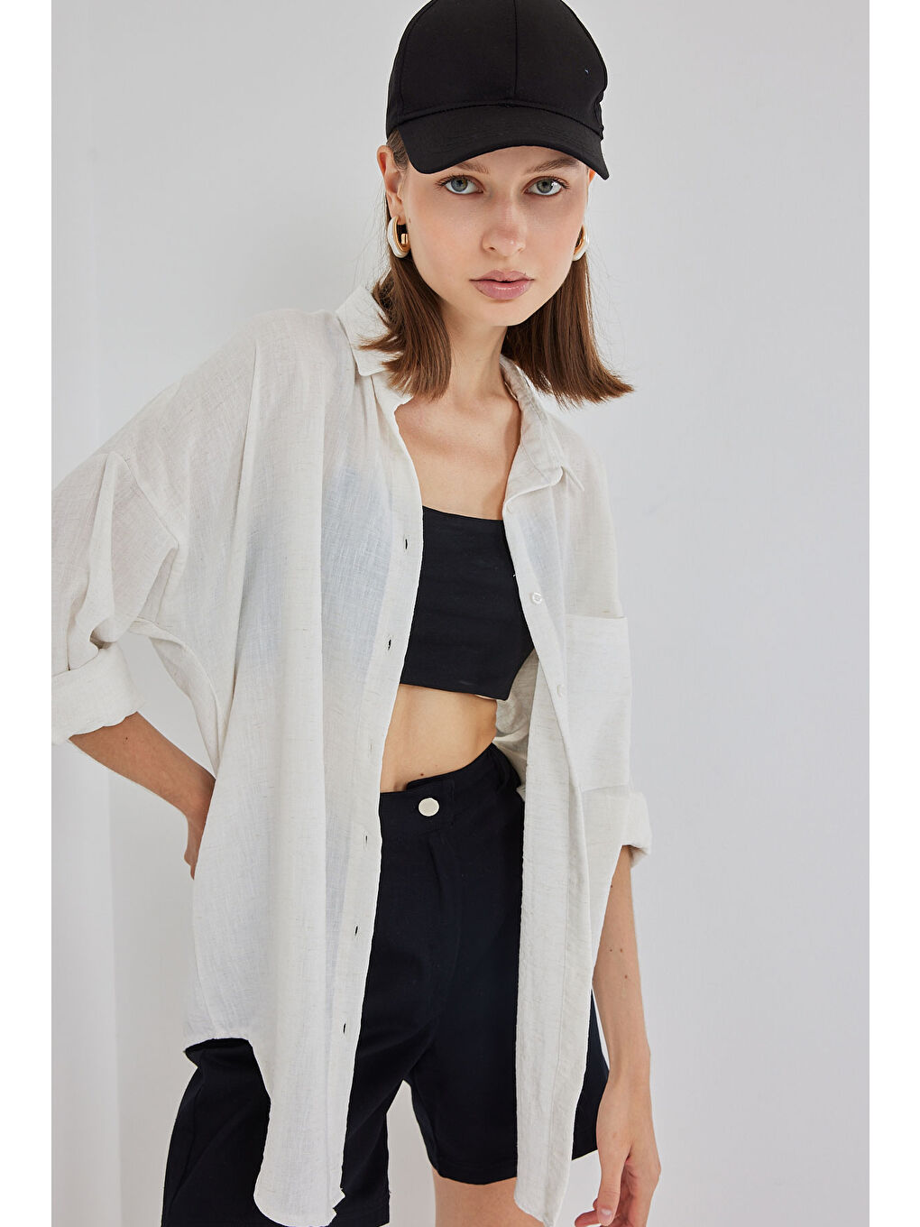20153 Tek Cepli Oversize Keten Gömlek - Ekru-2