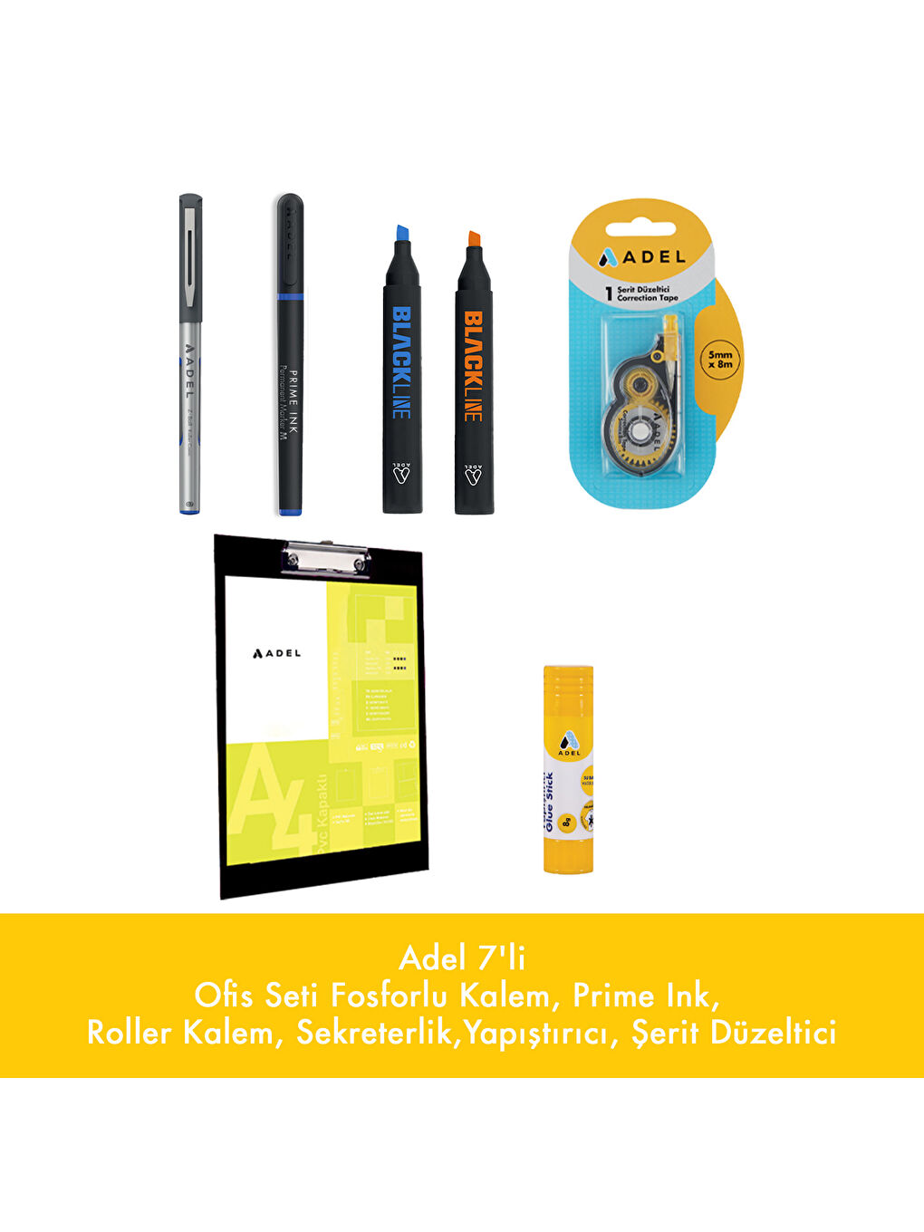 7'li Ofis Seti Fosforlu Kalem,Prime Ink,Roller Kalem,Sekreterlik,Yapıştırıcı, Şerit Düzeltici