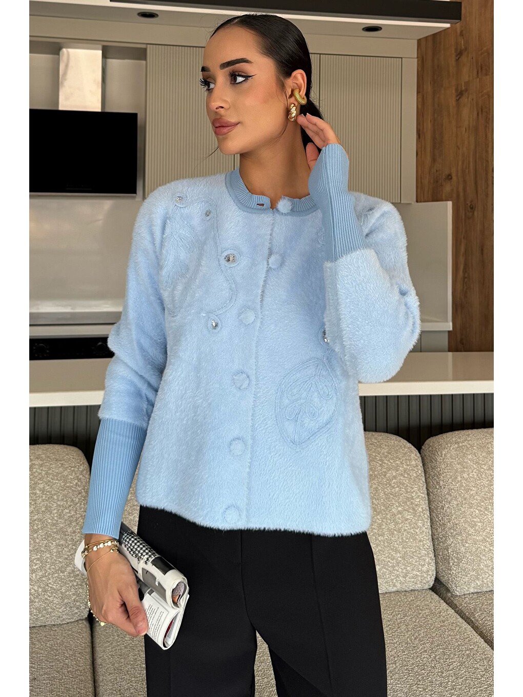 Mavi Kadın Pul İşlemeli Yumoş İplik Triko Ceket (s-m-l-xl Uyumludur)