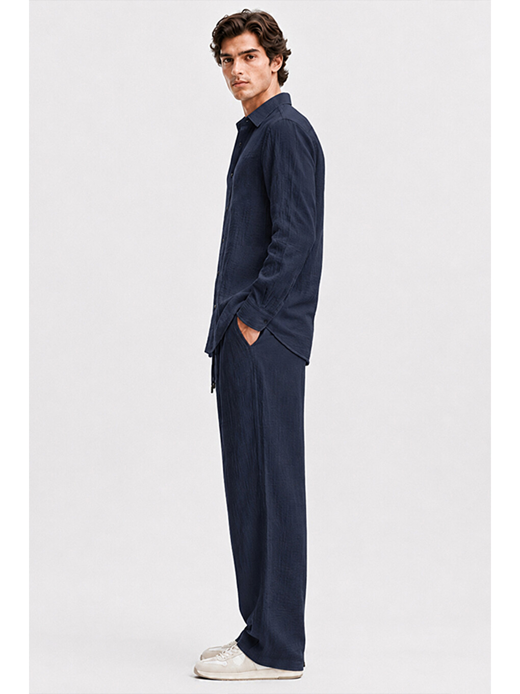 Erkek Lacivert Regular Fit Müslin Pantolon-3