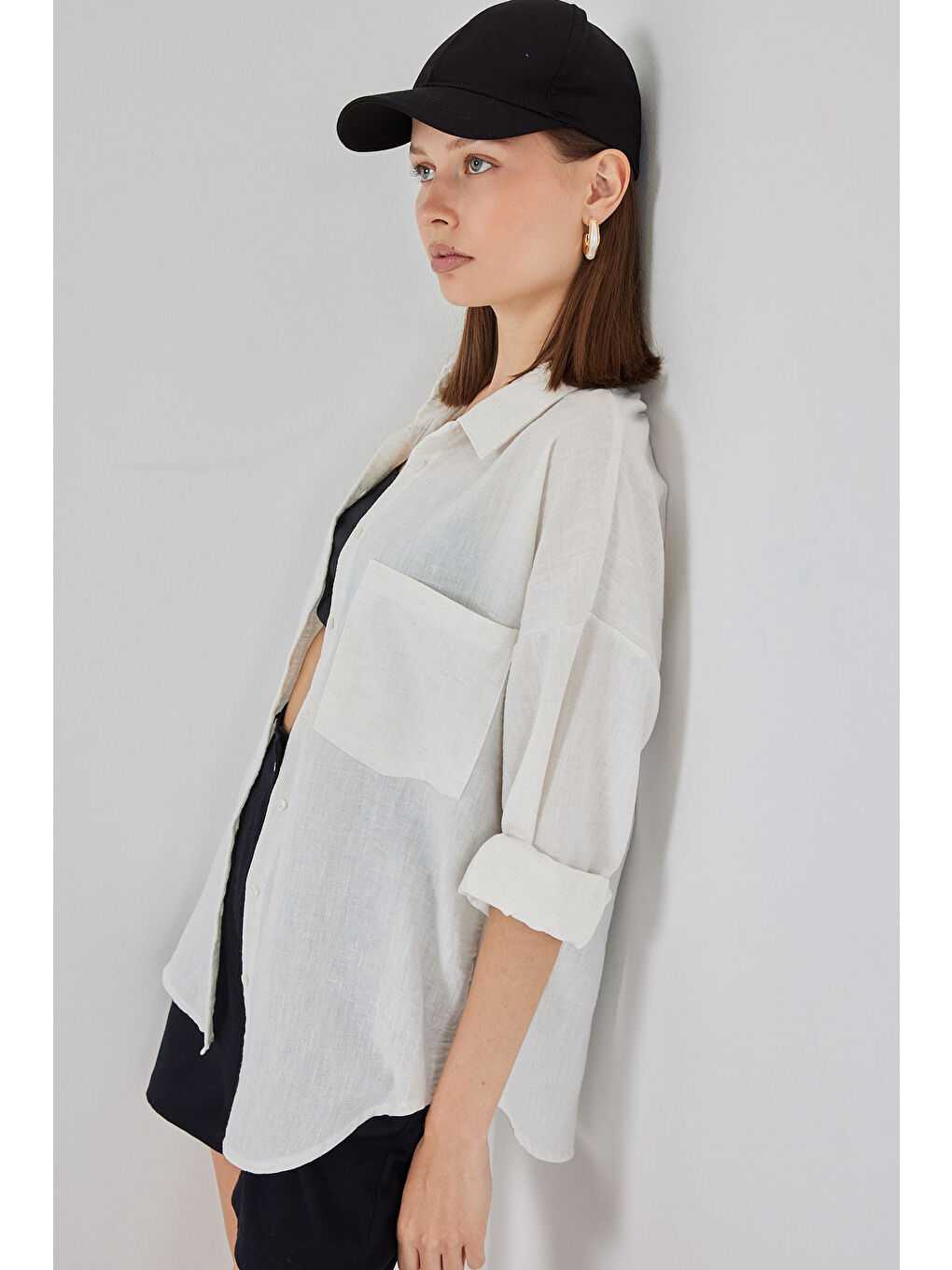 20153 Tek Cepli Oversize Keten Gömlek - Ekru-3