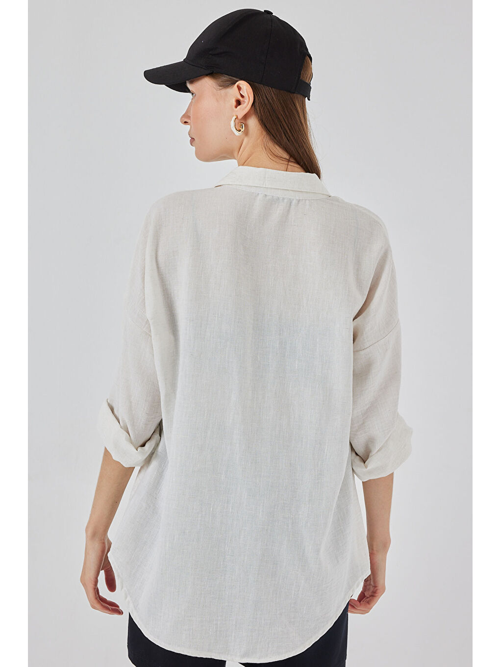 20153 Tek Cepli Oversize Keten Gömlek - Ekru-4