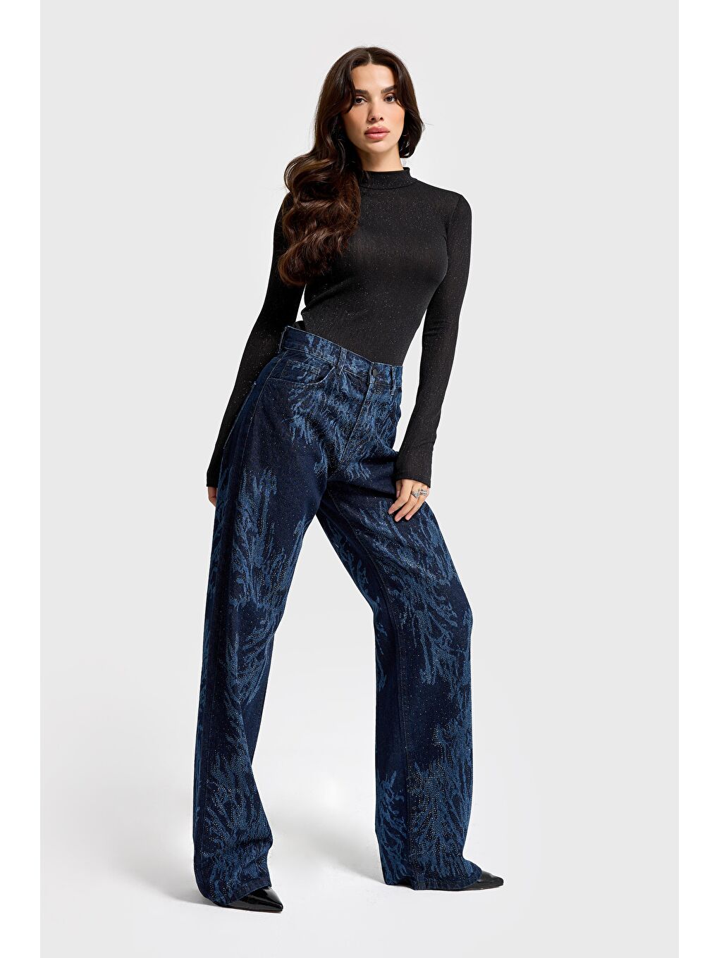 Mavi Kadın Koyu Jean Rengi 9s6-5 Loose Fit Parlak Taşlı Özel Tasarım Denim Jean-1