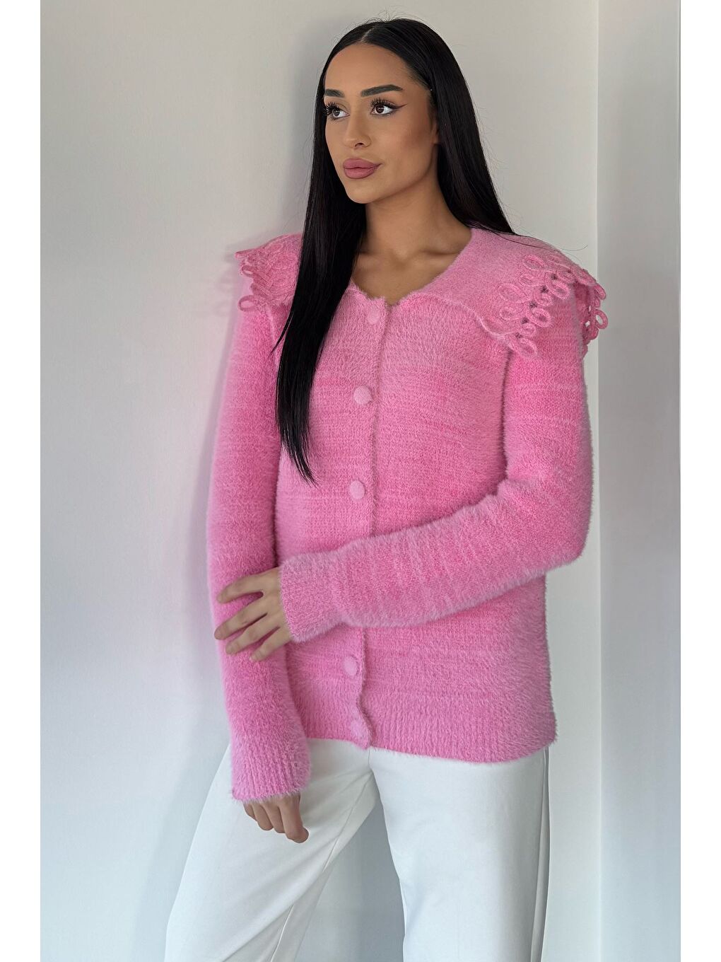 Pembe Kadın Yaka Detaylı Yumoş İplik Triko Ceket-1