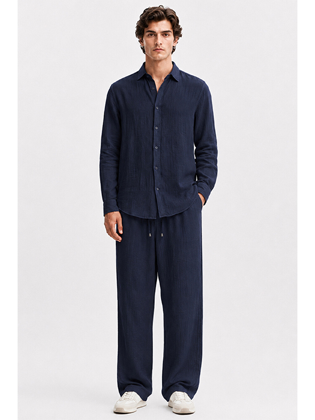 Erkek Lacivert Regular Fit Müslin Pantolon-8