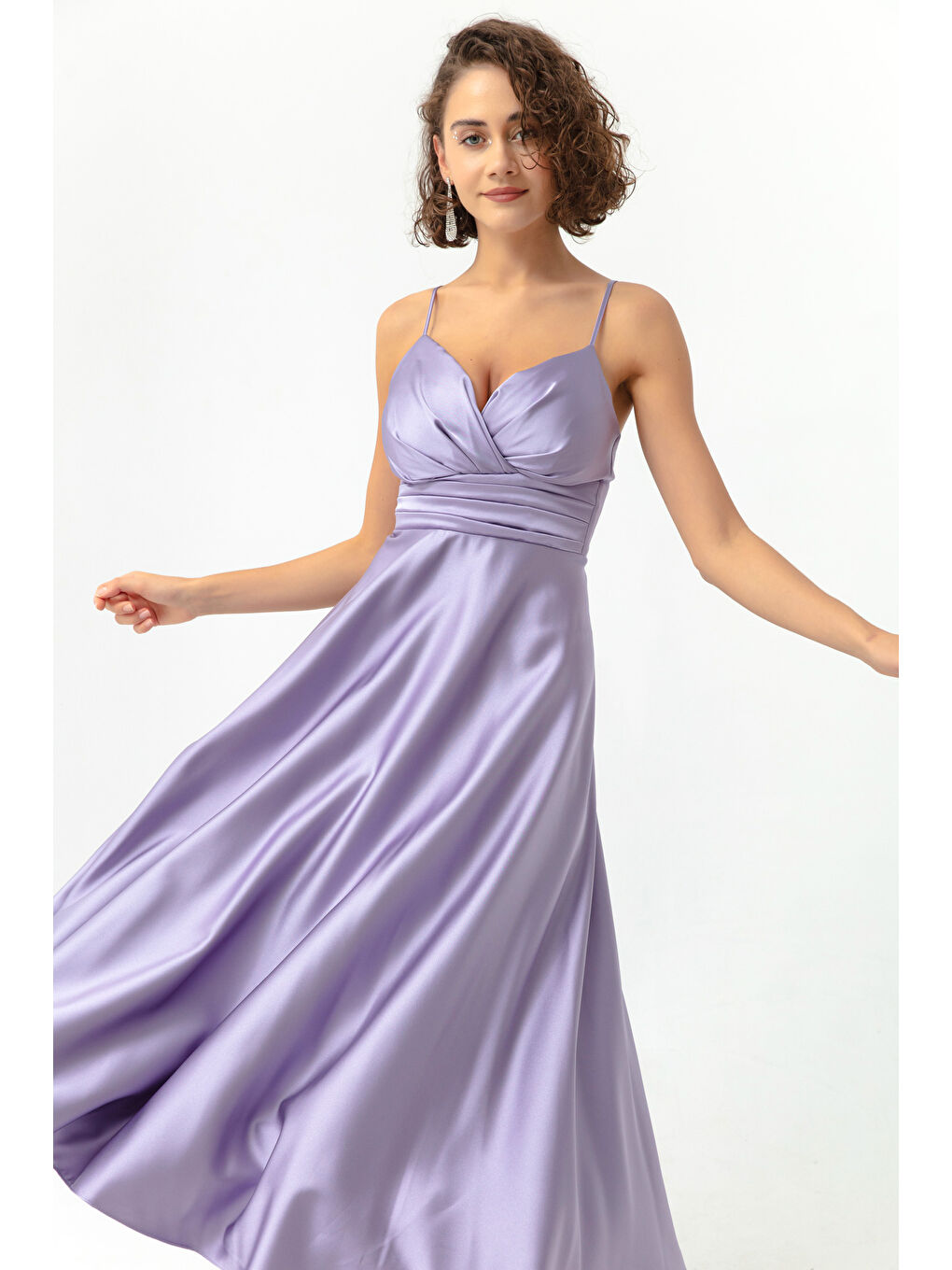 Kadın Lila İp Askılı Bel Kemerli Saten Midi Abiye & Mezuniyet Elbisesi-1