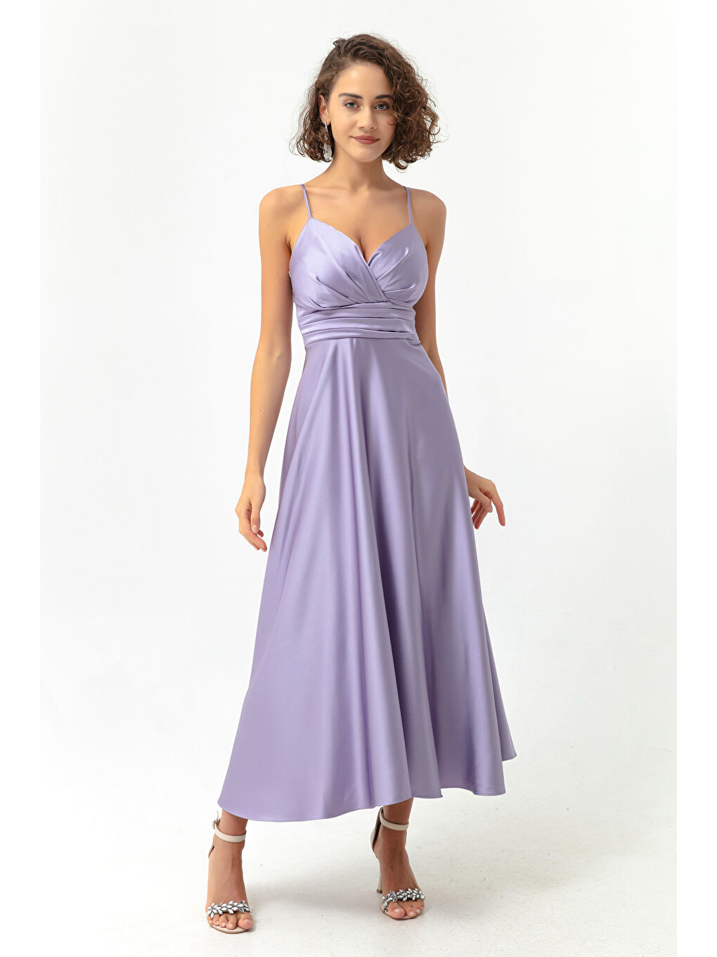 Kadın Lila İp Askılı Bel Kemerli Saten Midi Abiye & Mezuniyet Elbisesi-2