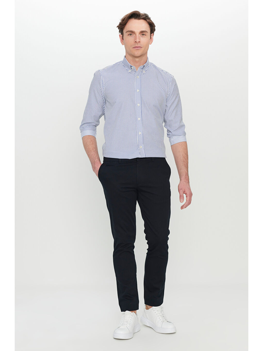 Erkek Siyah Pamuklu Slim Fit Dar Kesim Armürlü Yan Cepli Esnek Casual Pantolon