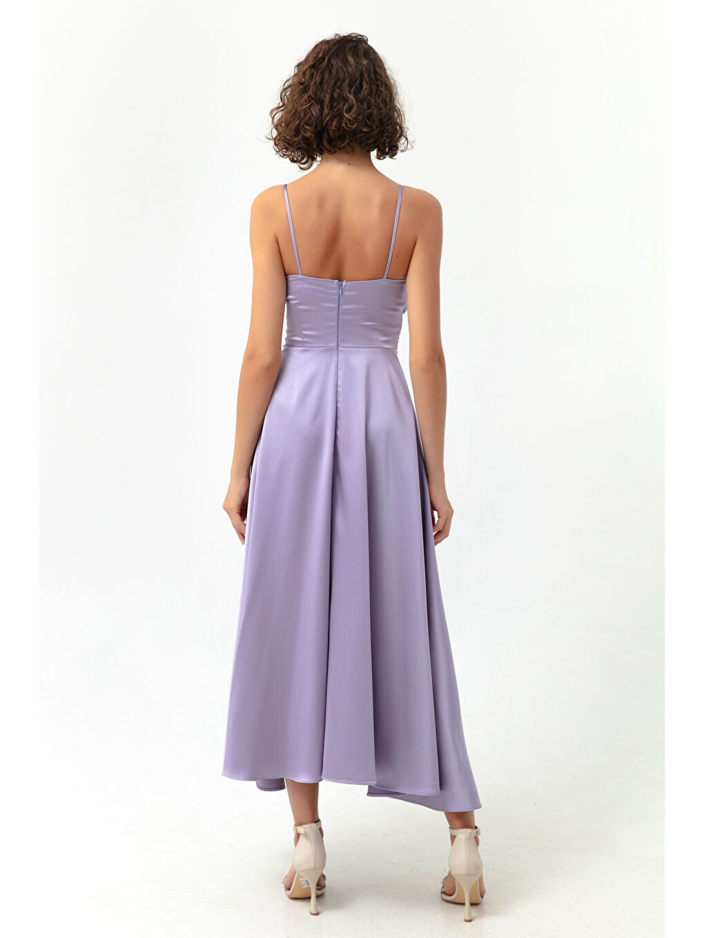Kadın Lila İp Askılı Bel Kemerli Saten Midi Abiye & Mezuniyet Elbisesi-4