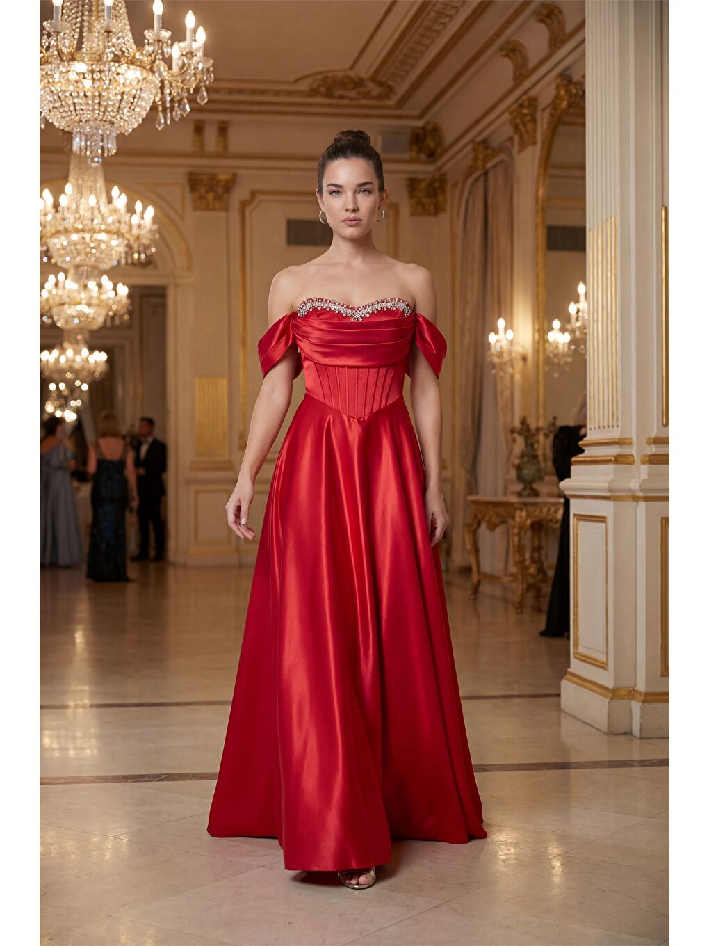 Kadın Kırmızı Kayık Yaka Taşlı Uzun Söz Nişan Nikah Abiye Elbise-3