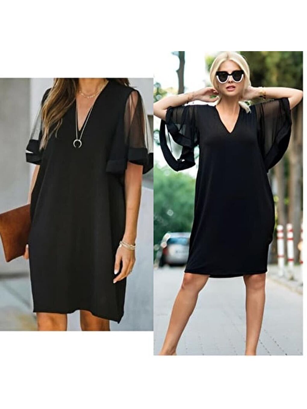 Siyah Kadın Tüllü Kısa Kollu V Yaka Krep Elbise-2