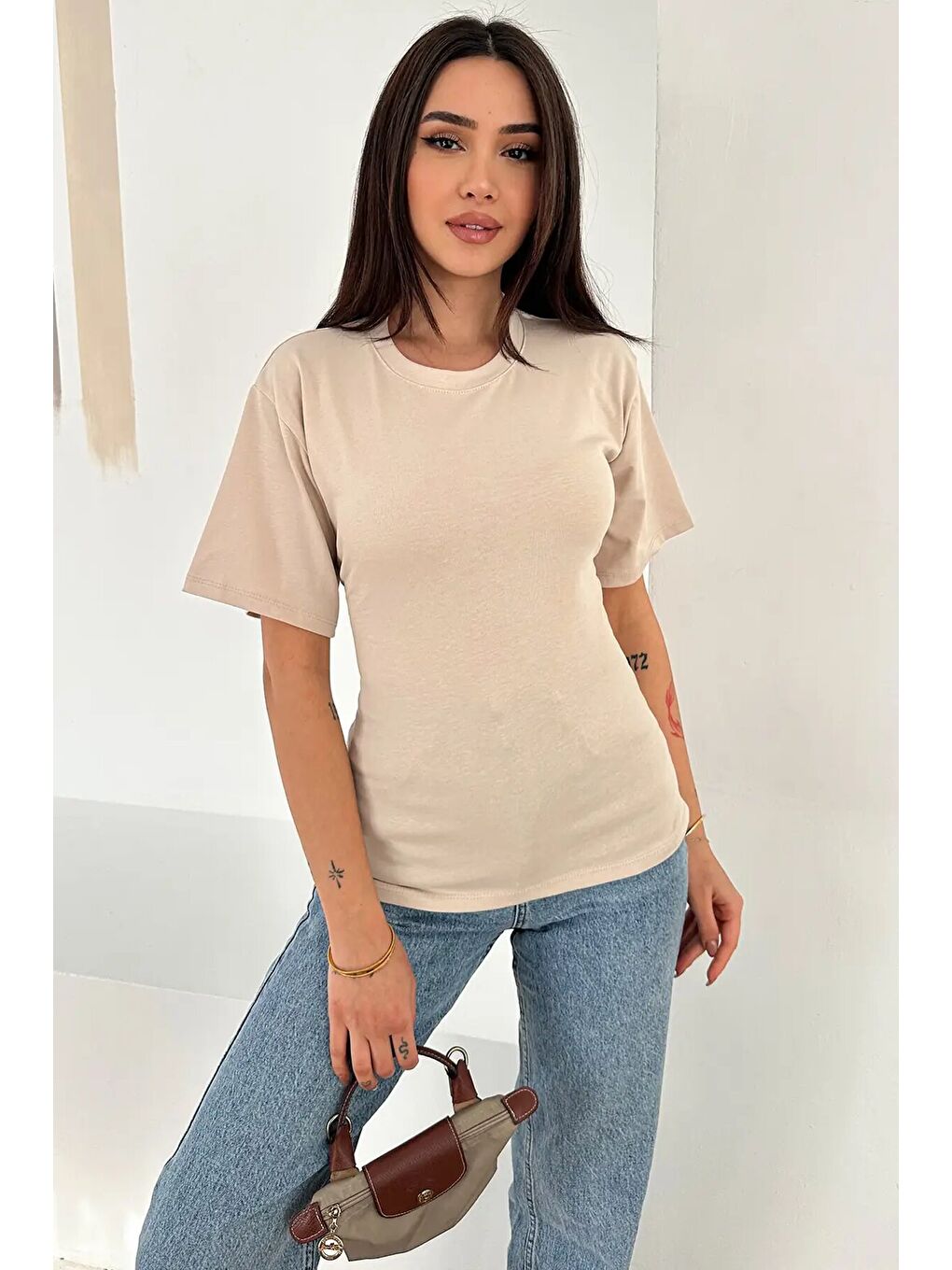 Bağlama Detaylı Kısa Kollu Tişört Bej