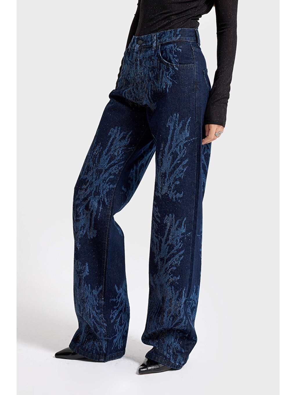 Mavi Kadın Koyu Jean Rengi 9s6-5 Loose Fit Parlak Taşlı Özel Tasarım Denim Jean-3