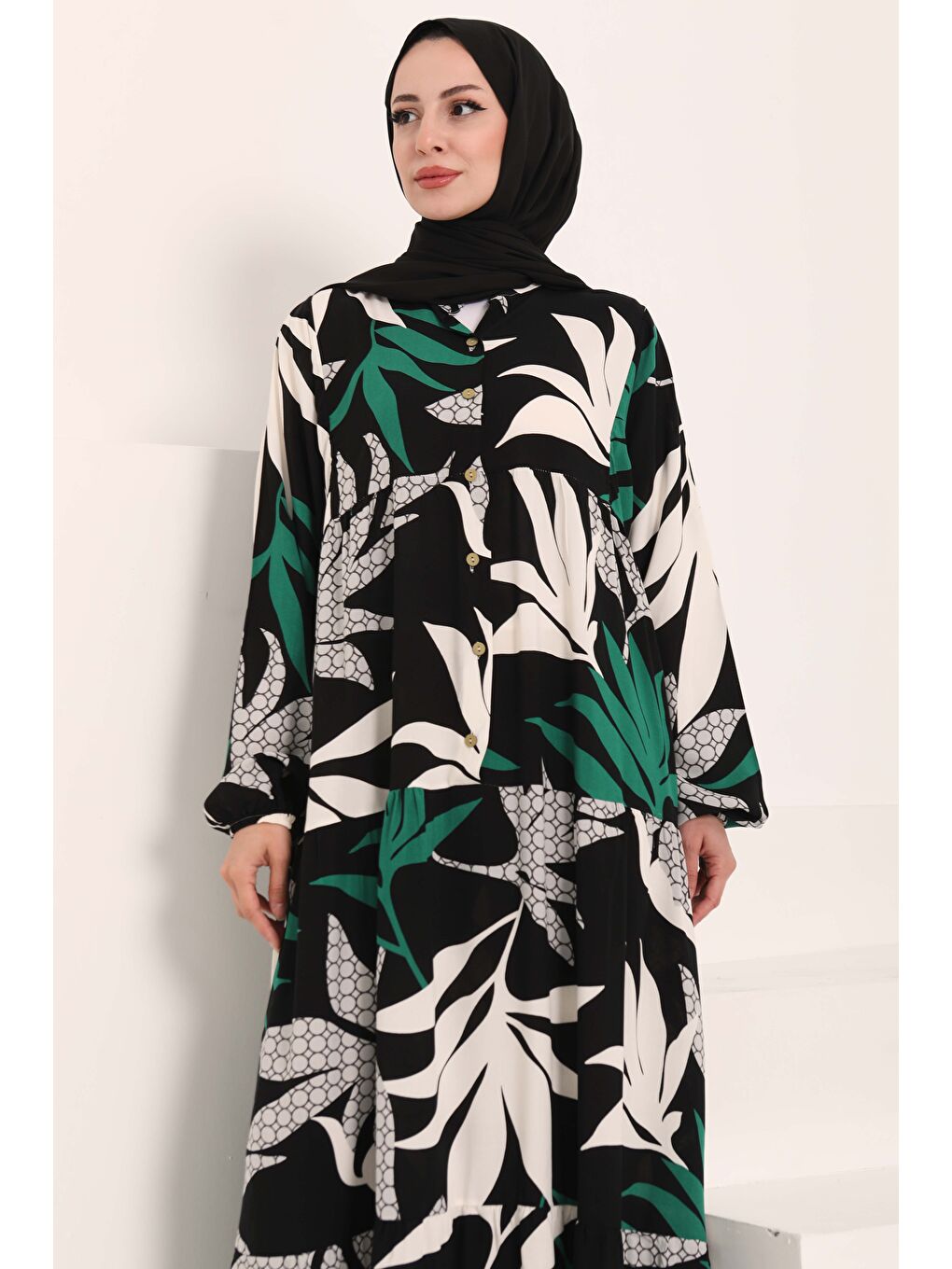 Desenli Düğmeli Elbise Siyah - 27041-1