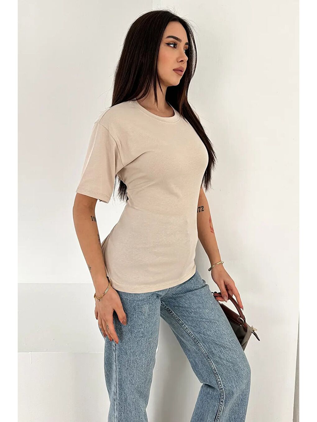 Bağlama Detaylı Kısa Kollu Tişört Bej-3