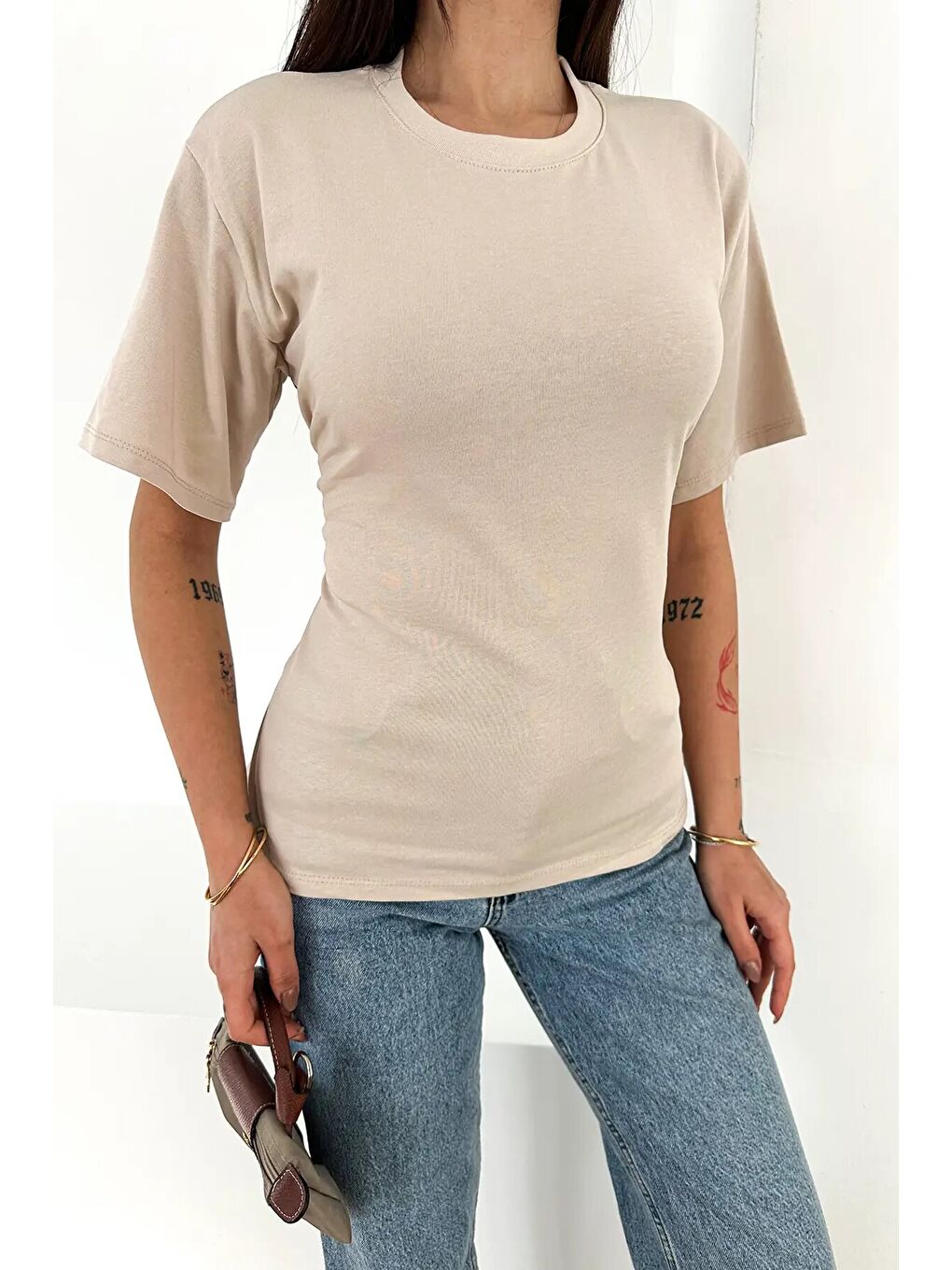 Bağlama Detaylı Kısa Kollu Tişört Bej-4