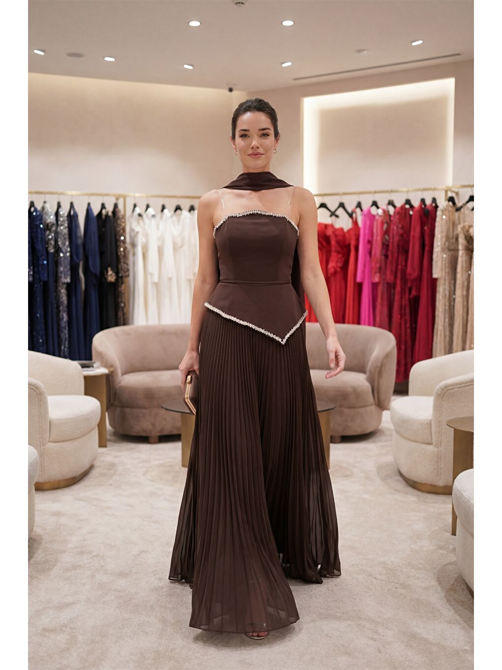 Kadın Kahverengi Dar Kalıp Şal Yaka Piliseli Uzun Abiye Elbise-4