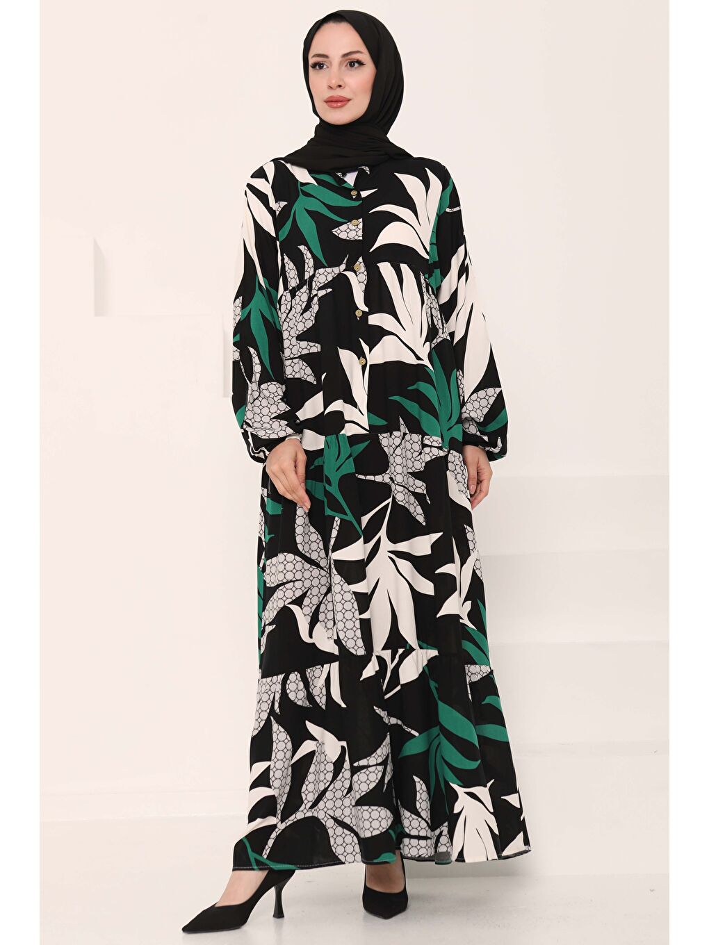 Desenli Düğmeli Elbise Siyah - 27041-2