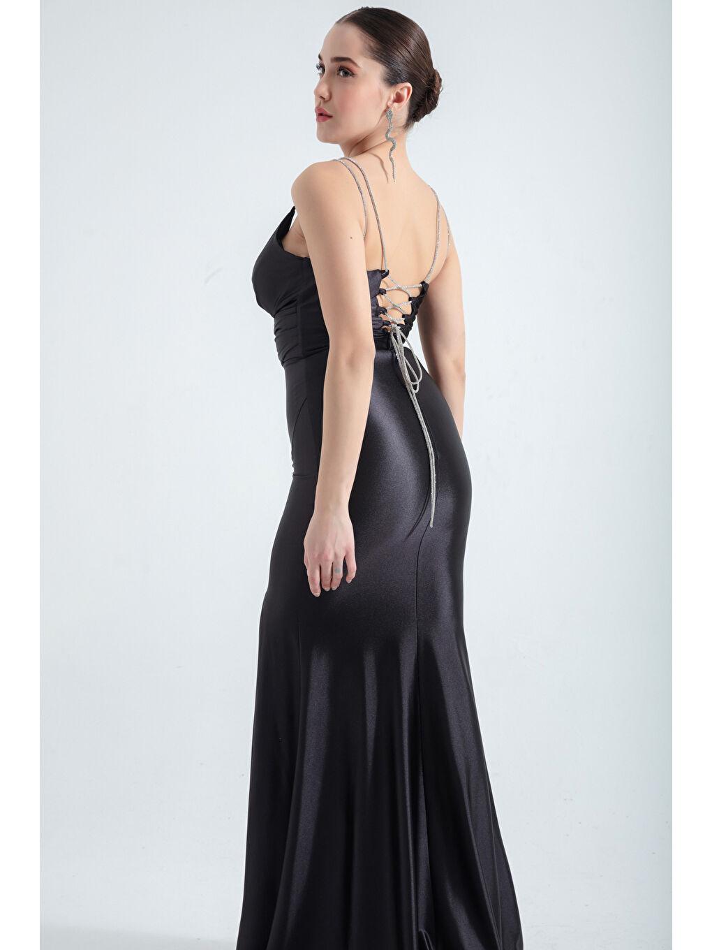 Kadın Siyah Taş Askılı Uzun Abiye Elbise-2