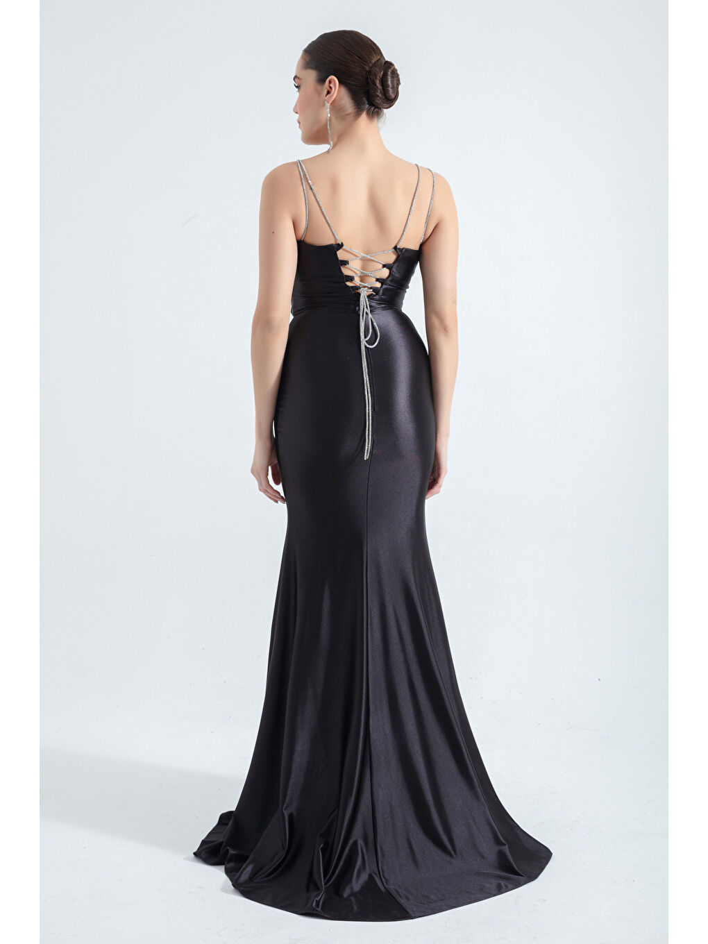 Kadın Siyah Taş Askılı Uzun Abiye Elbise-4