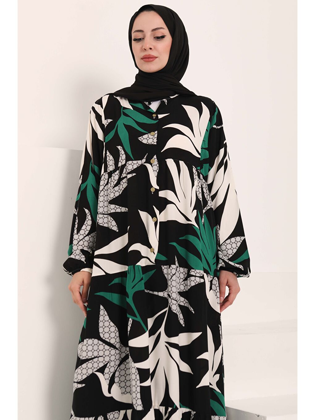 Desenli Düğmeli Elbise Siyah - 27041-3