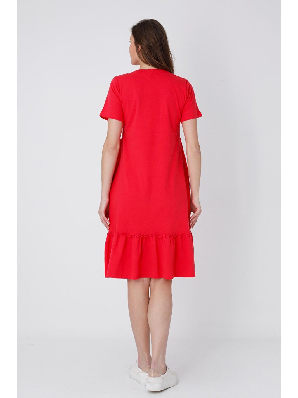 Kırmızı Boydan Düğmeli Taş Detaylı Cepli Kısa Kollu Pamuklu Elbise-4