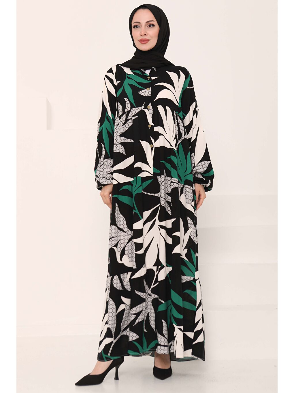 Desenli Düğmeli Elbise Siyah - 27041-4
