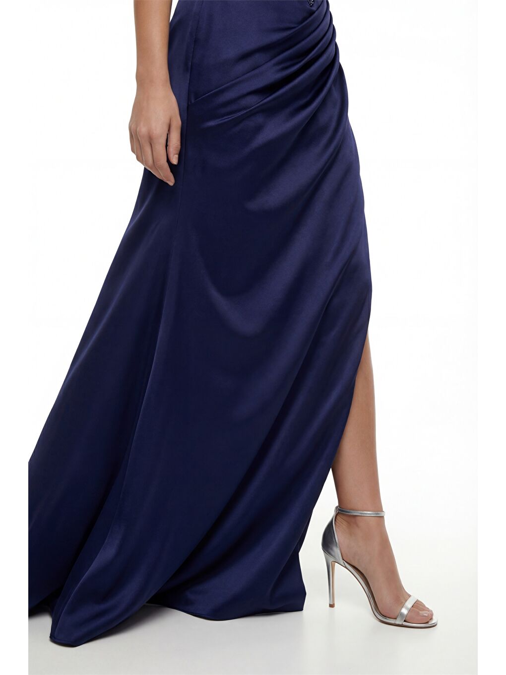 Kadın Lacivert Dar Kalıp Straplez Yaka Taşlı Uzun Saten Abiye Elbise-3